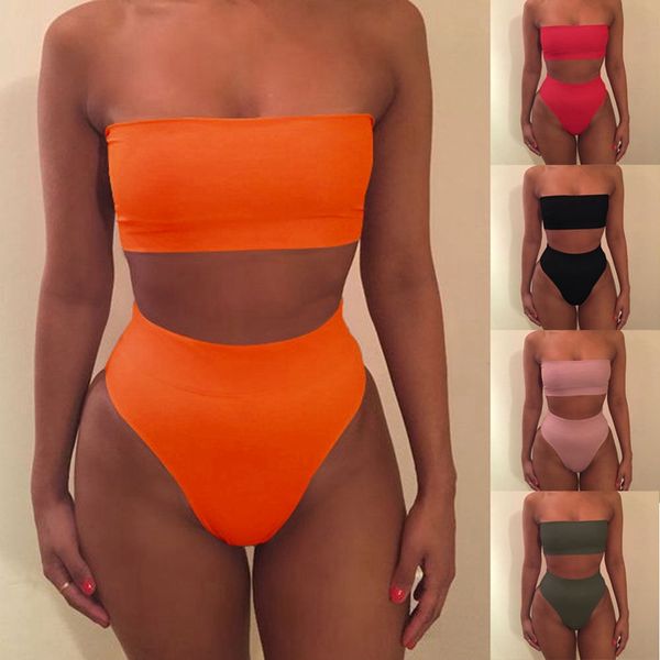 

2017 women bikini set off shoulder solid bandage push up padded swimwear swimsuit beachwear pluz size, White;black