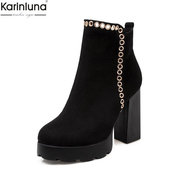 

karinluna new arrivals dropship big size 33-43 high heels winter ankle boots women shoes flock boots shoes woman, Black