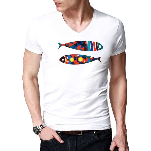 

art fish printed tee cool summer men short sleeve t-shirts outfits girl cute hipster oversize elastic cotton tshirts, White;black