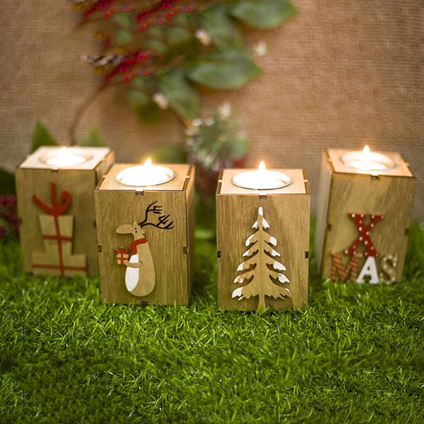Conjunto de 2 sostenedores de Luz de Té de Navidad de Madera-Vela-De Madera-festivo-Vintage