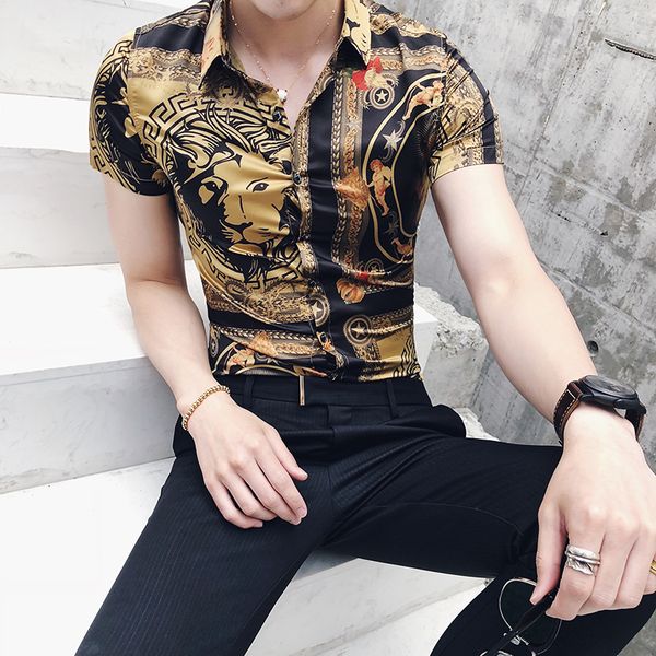 

summer personality striped shortsleeved shirt tide male nightclub hair stylist youth wild business casual flower shirt, White;black