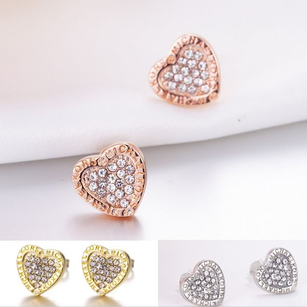 

fashion heart shape gem diamond stud earrings for womens luxury jewelry gift rose gold silver earrings, Golden;silver