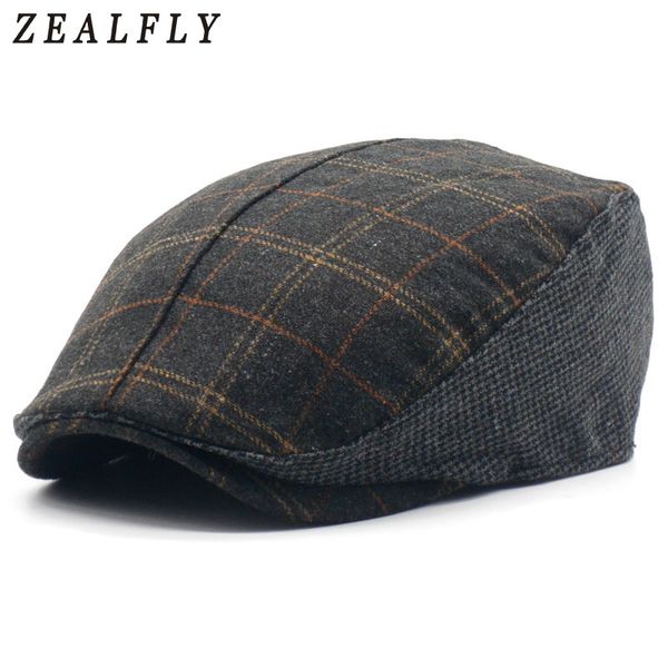 

vintage plaid wool beret hats fashion casual gorras planas boinas beret flat caps winter warm hats for men women, Blue;gray