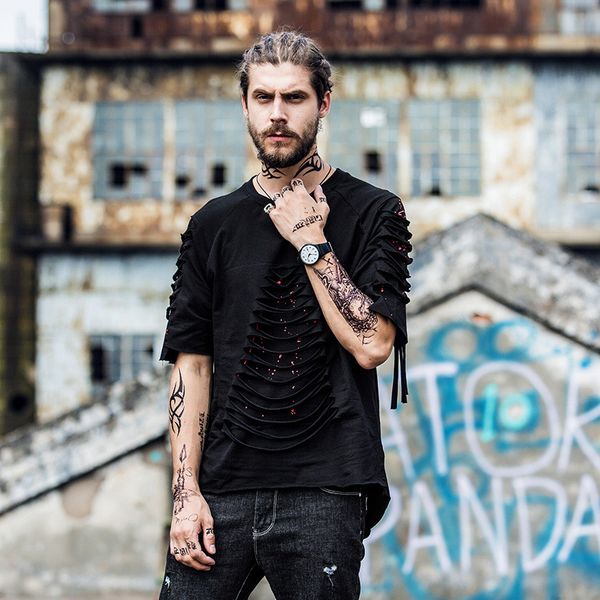 

mens summer street dance hip pop black tee cotton skull print ripped half sleeve tshirt casual breathable top, White;black