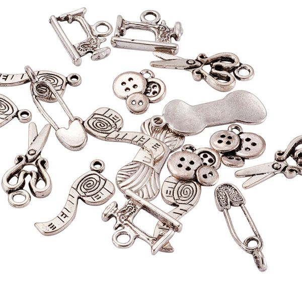 

sewing kniing themed tibetan style alloy pendants, scissor, pipe, safety pin, yarn clew, buon, sewing machine charms, lead, Black