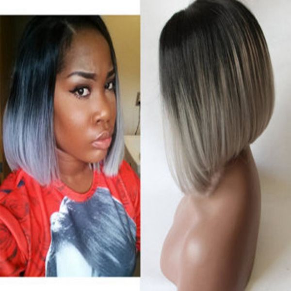 Synthetic Hair Short Bob Wig Straight Grey Lace Front Wig Hand