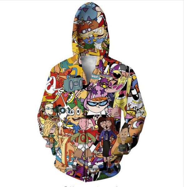 

wholesale- fashion womens/mens cartoon totally 90s funny 3d print zipper jumper sweatshirt hoodies ll010, Black;brown
