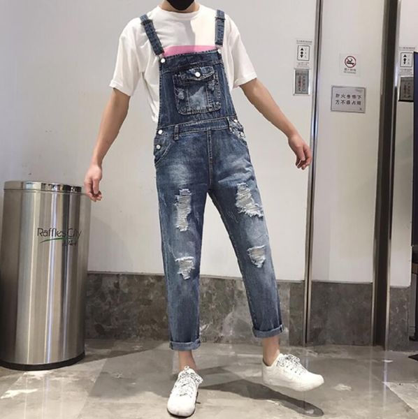 

xxl 2018 summer loose supenders pants men's denim hole pants korean version of the trend of casual denim harem, Blue