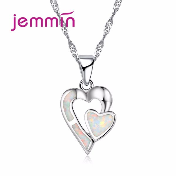 

jemmin creative double heart design couple necklace white opal 925 sterling silver pendant necklave for fashion women