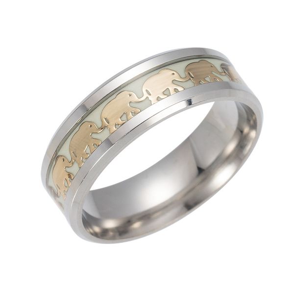 

luminous rings for men gold color animal elephant stainless steel women trendy glow in the dark band ring wholesale jewelry gift, Golden;silver