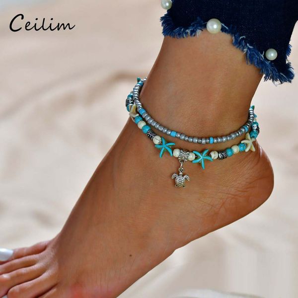 

tortoise pendant anklet beads chain bracelets starfish for women antique silver color vintage barefoot sandal statement bracelet foot leg bo, Black