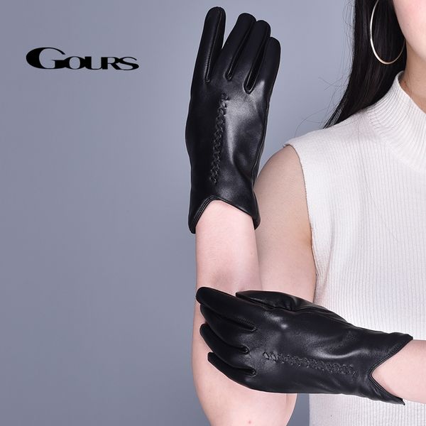 

gours women' genuine leather gloves black real sheepskin touch screen gloves winter thick warm fashion brand mittens new gsl078, Blue;gray