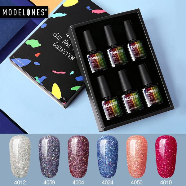 

modelones 6pcs/lot neon uv gel nail polish set soak off rainbow glitter led gel nail varnish kits semi permanent led black, Red;pink