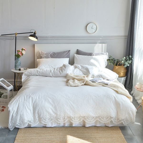

via ups 100%cotton solid color simple princess lace bed skirt 4pcs bedding set full  king size mr