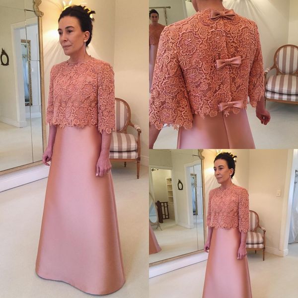 

2018 elegant half long sleeves satin mother of the bride dresses jewel neck lace a line floor length mother's dresses for weddings, Black;red