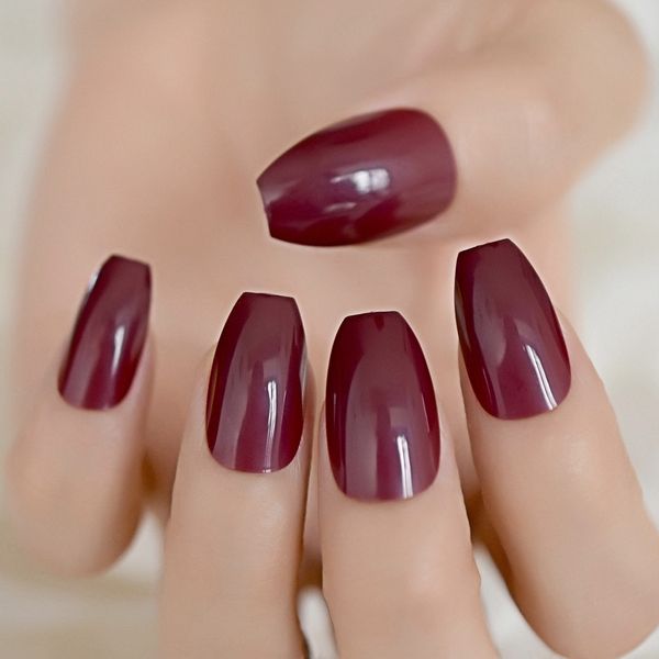 Candy Dark Wine Red Coffin False Nails Ballerina Coffins Chestnut Maroon Color Full Cover Fake Nail Flat Shape Fuax Ongles Gel Nails Acrylic Nails