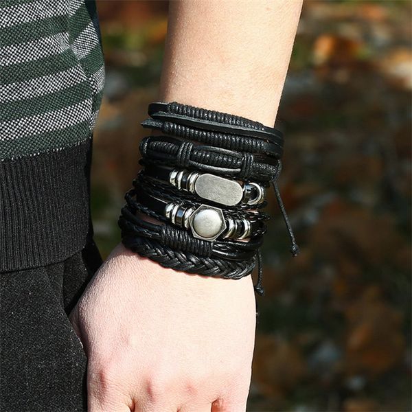 

2018 fashion genuine leather bracelets & bangles for women 6pcs/set multilayer braided rope bracelet men wristband jewelry gift, Golden;silver