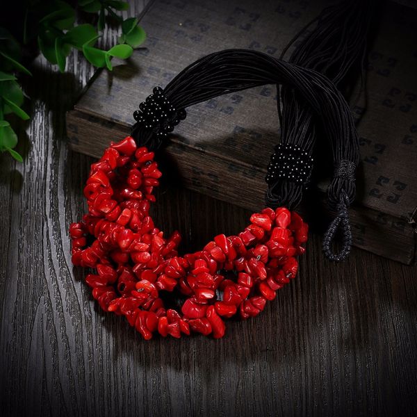 

k's gadgets natural red coral boho necklace hand-woven black rope chain fashion necklaces for women wedding accessories, Golden;silver