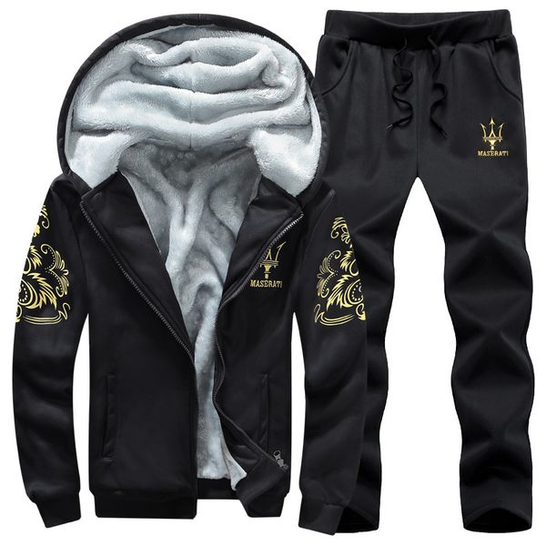 

men's 2018 winter velvet thickening sports suit keep warm printing fitness 2-piece set plus size 8xl9xl male running sport suit, Black;blue