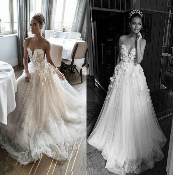 

elihav sasson wedding dresses illusion jewel embellished ruched bodice wedding dress lace 3d flower sweep train a-line bridal gowns, White