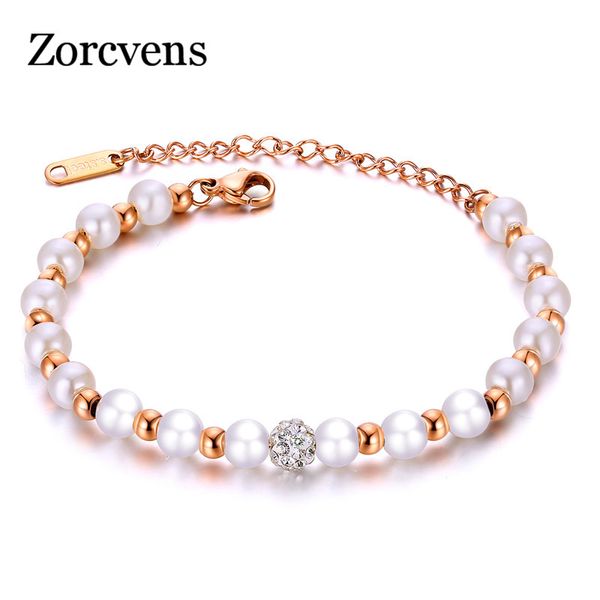 

zorcvens charm zircon ball bracelets & bangles silver rose gold color stainless steel simulated pearl wedding jewelry for women, Black