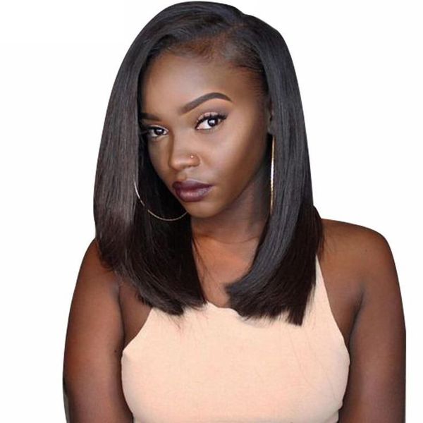 

4x4 lace front human hair wigs peruvian straight short bob wig natural color unprocessed straight lace frontal wig pre plucked, Black;brown