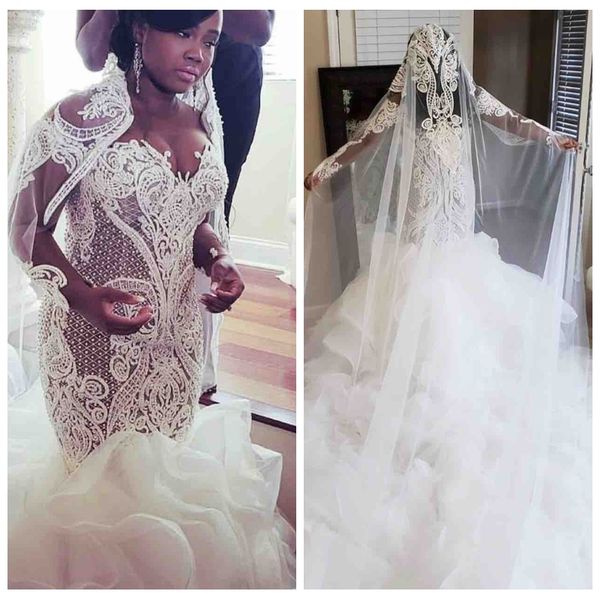 

sheer long sleeves lace appliques mermaid 2021 new wedding dresses ruffles skirt bridal gowns garden vestidos de mariee custom, White