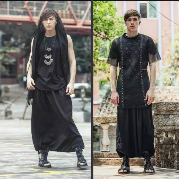 

2018 new men's clothing hair stylist fashion lantern skirt pants low crotch cross trousers plus size costumes 27-44, Black