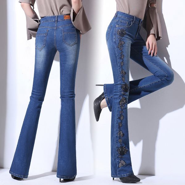 

wholesale-2017 high waist denim embroidered long trousers female small pants slim flare pants, Blue