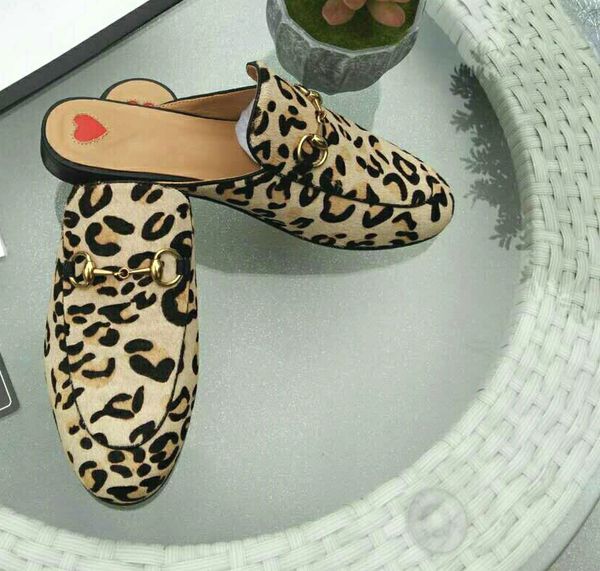

wholesale princetown leather slippers woman baotou leopard flat indoor furniture horsebit semi trailers gril, Black