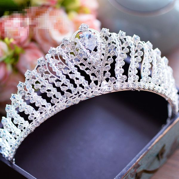 Vintage White Queen Zircon Rhinestone Crystal Beaded Crown Bridal
