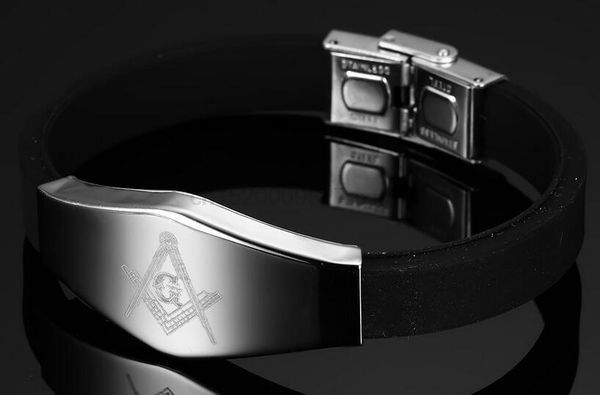 

200pcs cool punk masonic pattern men's silicone+stainless steel bracelets&bangles casual hand chain for men jewelry, White