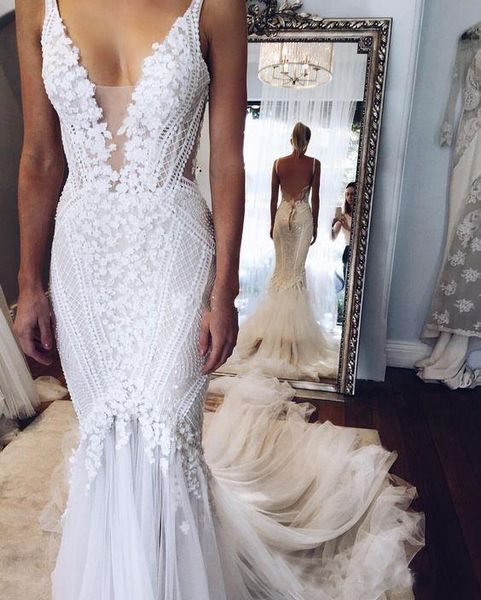 

Berta pallas couture Mermaid Wedding Dresses Deep V Neck Sexy Back Unique Lace Sweep Train Summer Spring Bridal Gown Custom Made