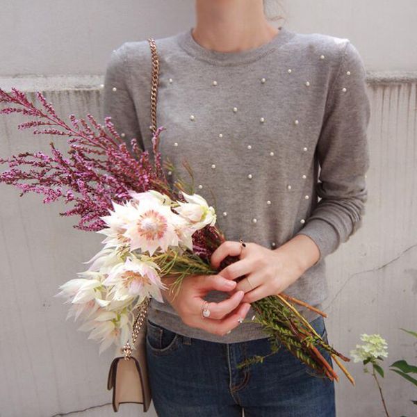 

spring korean women pullovers long sleeve 2018 soft fall embroidery beading pearl warm o neck 5 colors knitted loose jersey, Black
