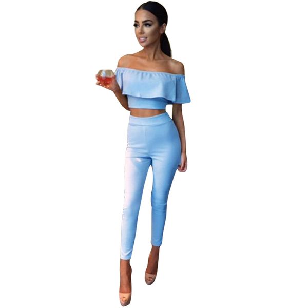 

women fashion set ruffles slash neck long pants 2 piece tracksuit pants fashion body new slim fit women suit female, Gray