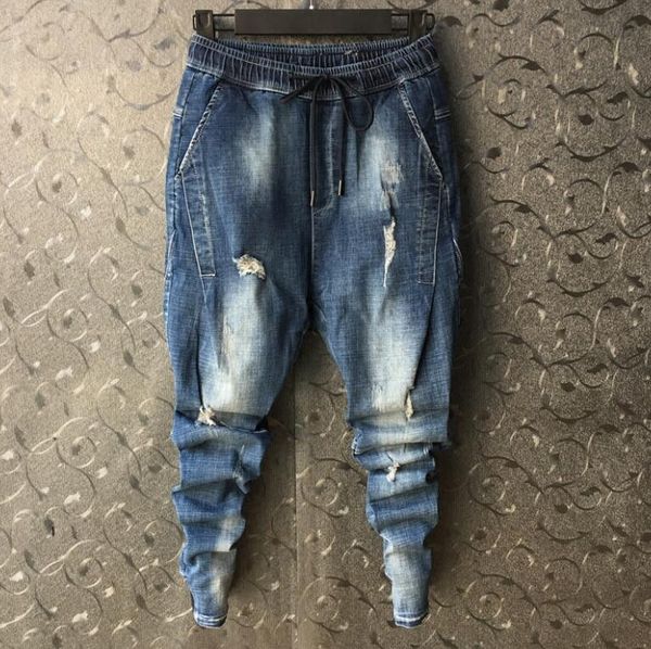 

28-38 new 2018 summer hair stylist loose hole jeans men's slim feet hole harem jeans thin section men's clothing plus size, Blue