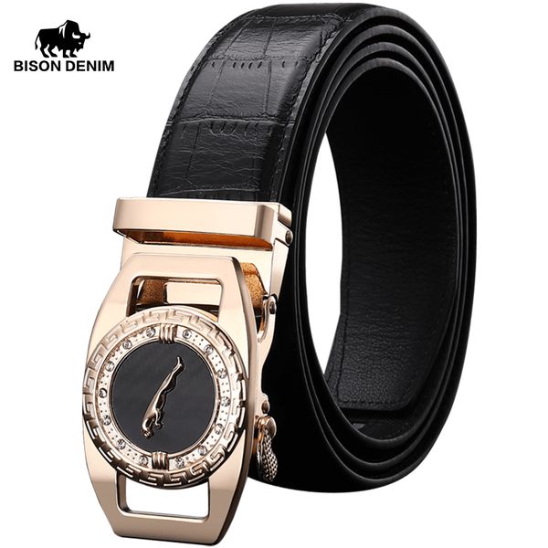 

bison denim genuine leather men belt 3.5cm width golden & silver color automatic buckle fashion cowskin belts for male n71395, Black;brown