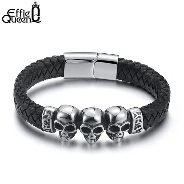 

effie queen skeleton black leather bracelet for men women punk rock jewelry bracelets & bangles 2018 new fashion ib109, Golden;silver