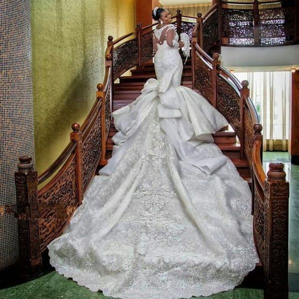

gorgeous lace mermaid africa bridal dresses beads sequin applique long sleeve big bow wedding dress amazing 2 meter train wedding dresses, White