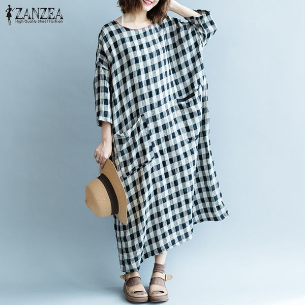 

2019 zanzea women long maxi dress spring plaid casual 3/4 sleeve long vestido baggy pockets ladies dresses robe femme plus size, Black;gray
