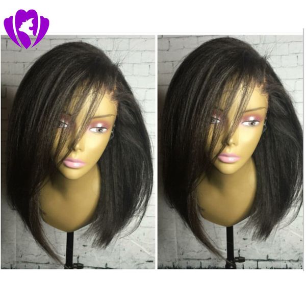 150density completo Curto rendas frente perucas com o calor bangs cabelo sintético resistente italiano Yaki Perucas brasileiro Bob Wig Para Negras