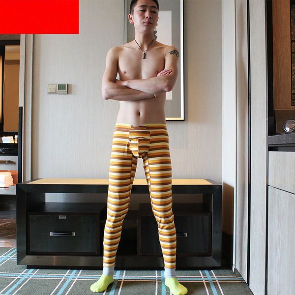 

Men Leggings pants Autumn Winter New Tide Russia China style brave man yellow blue stripe print long johns Slim Elasticity Cotton Blending