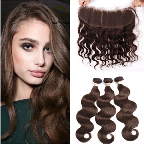 4 Dark Brown Virgin Indian Human Hair Bundle Deals With Lace
