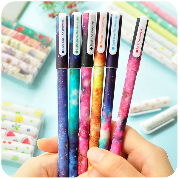 

6 pcs / set color gel pen starry pattern cute kitty hero roller ball pens stationery caneta escolar office school supplies