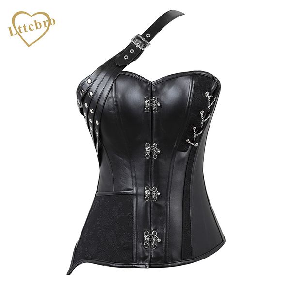 

women's black faux leather spiral steel boned halter steampunk gothic bustier corset jacket, Black;white