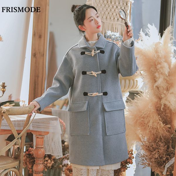 

2018 new winter women turn-down collar long sleeve horn button big pockets slim midi woolen coat female casual wool blends coat, Black