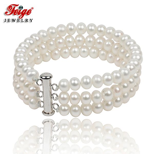

classic natural pearl strand bracelet for women anniversary jewelry gifts 6-7mm white freshwater pearl jewellery handmade feige, Golden;silver