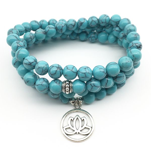 

sn1360 new design women`s bracelet 8 mm blue tuquoise 108 mala beads bracelet or necklace lotus yoga gift bracelet, Black