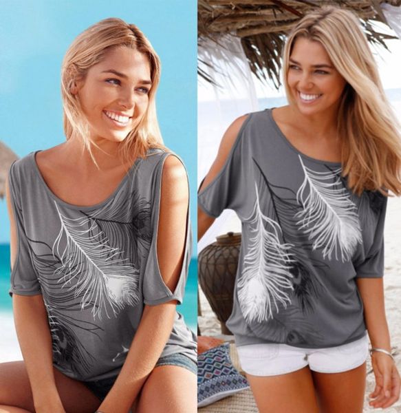 

feather tshirts for women summer clothing off shoulder big u collar casual tees, White