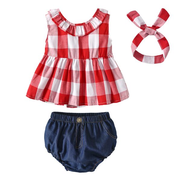 

summer baby girl clothes plaid skirted t-shirt denim short bloomers and headband newborn infant baby girls clothing, White